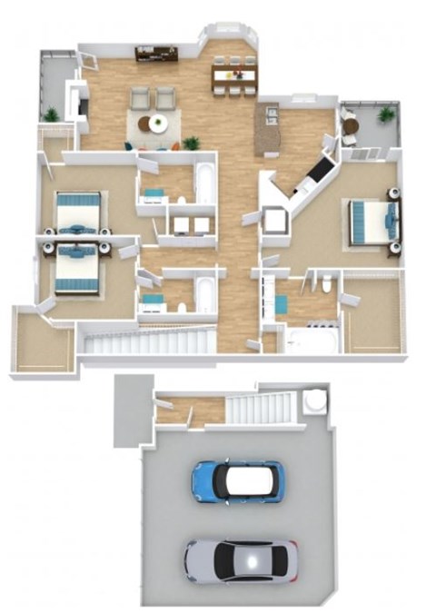 A floor plan of a house with a garage and a car.
